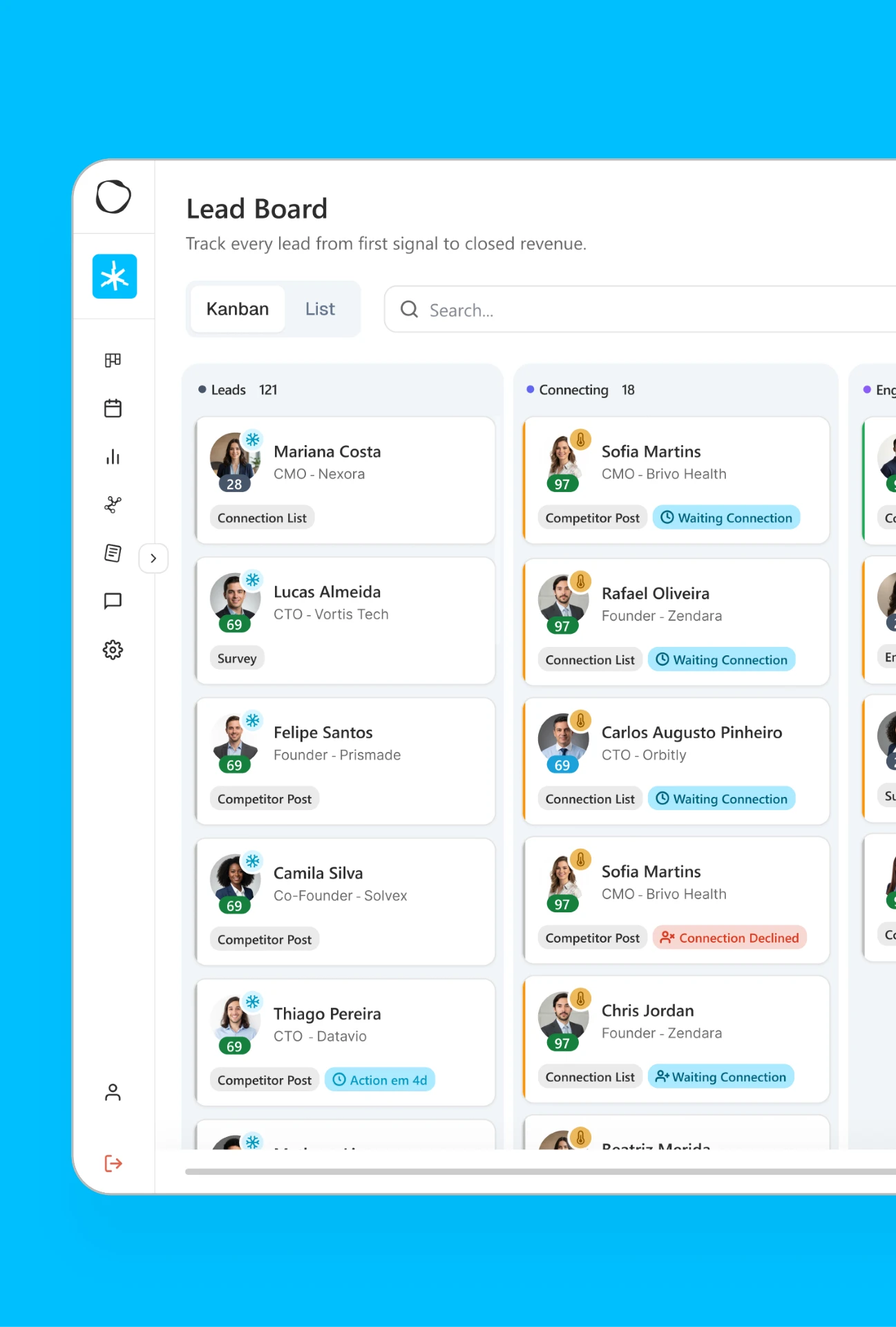 Isla Lead Board kanban with leads moving from first signal to closed revenue